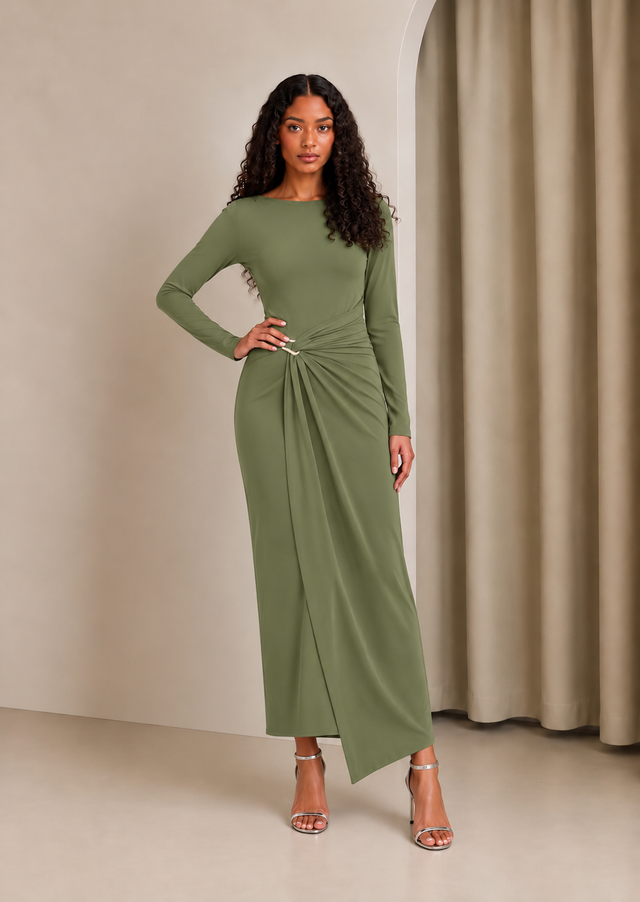 Green Side Buckle Maxi Dress