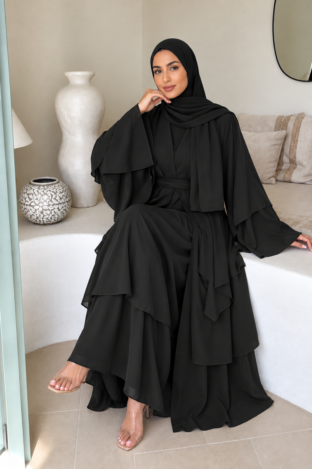 Black Tiered Open Abaya and Hijab Set