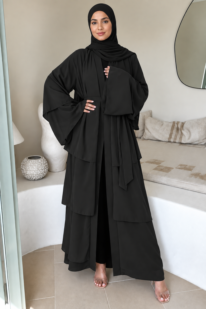 Black Tiered Open Abaya and Hijab Set
