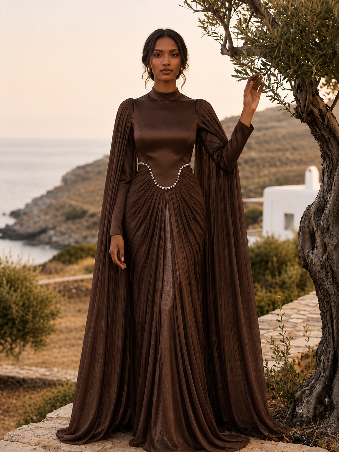 Brown Rhinestone Cape Gown