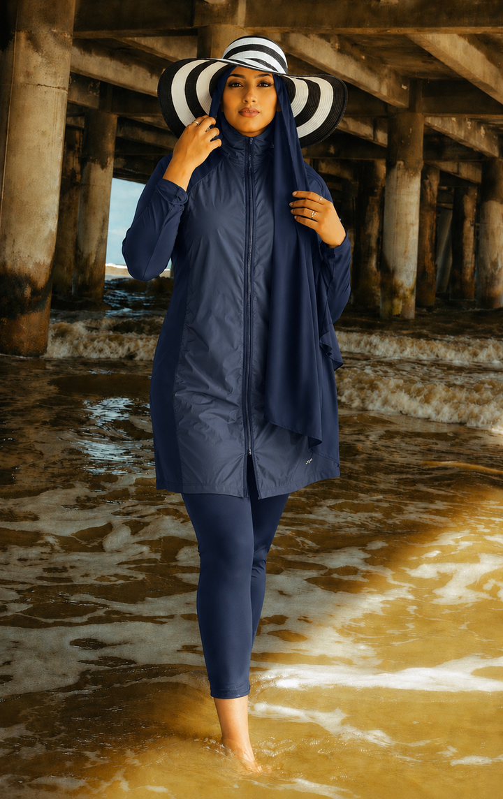 Navy Zipper Modest Swimsuit