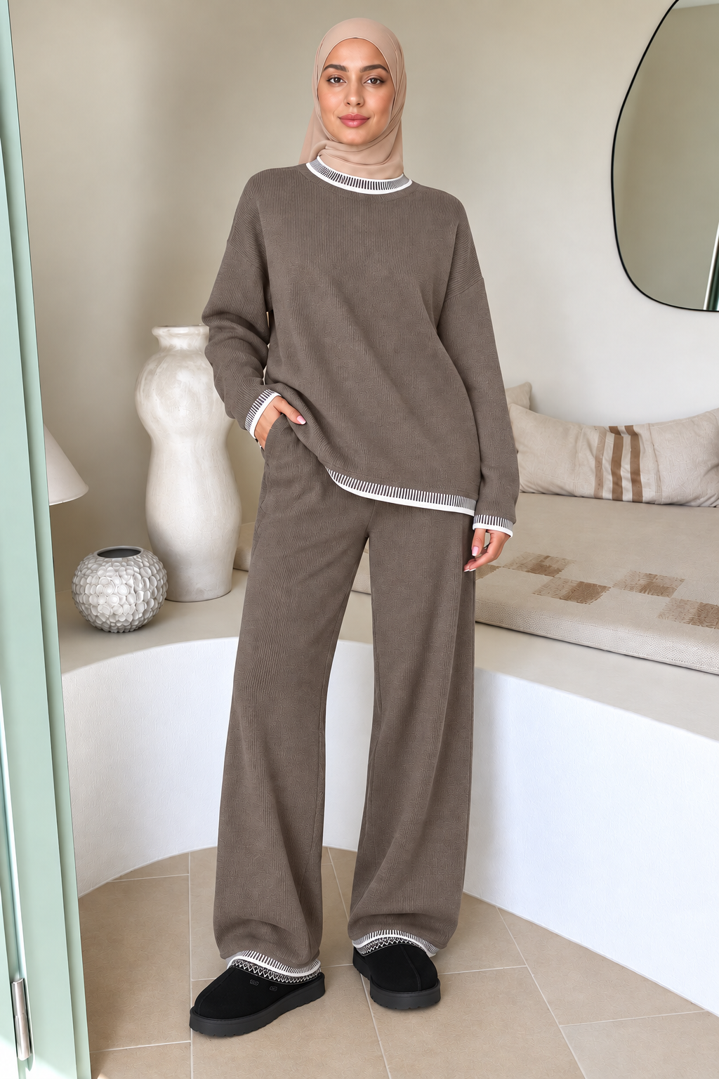 Taupe and White Trim Sweater and Pant Set