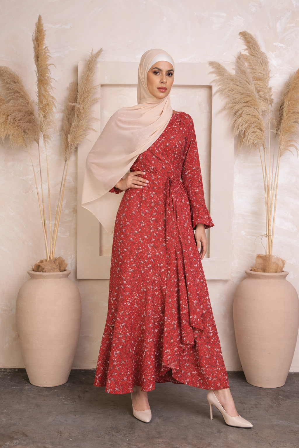 Maroon Ruffle Wrap Maxi Dress