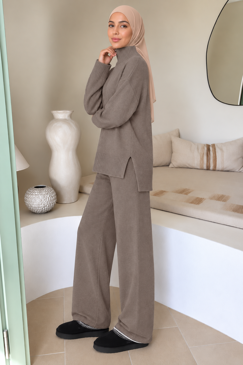 Taupe Turtleneck Sweater and Pant Set