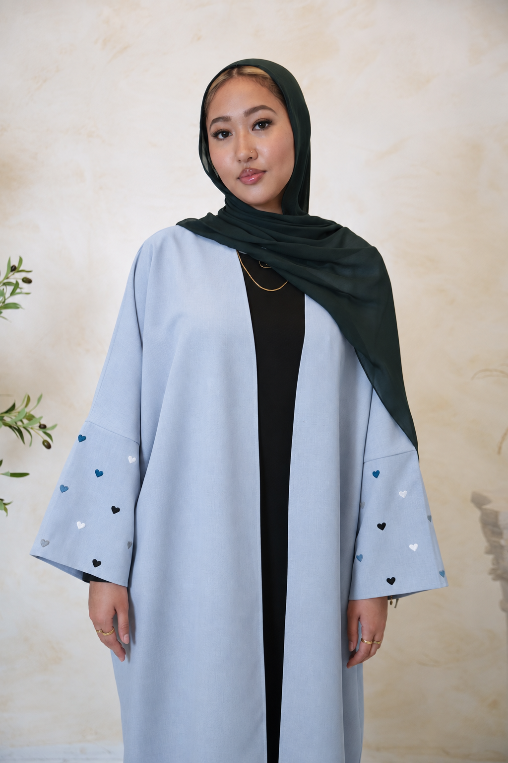 Blue Heart Moon Embroidered Open Front Abaya