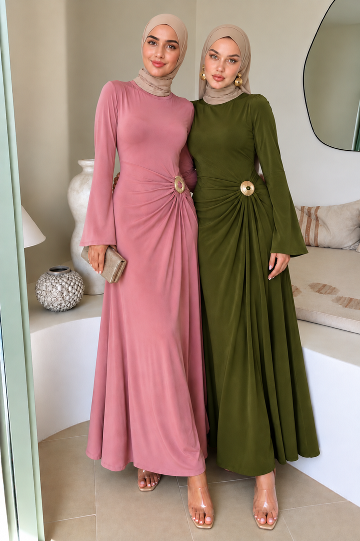Pink Side Draped Buckle Maxi Dress