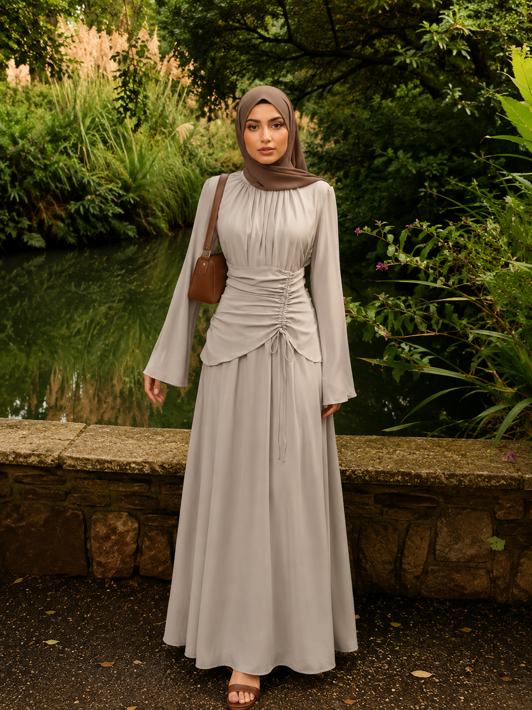 Beige Linen Lace Up Maxi Dress