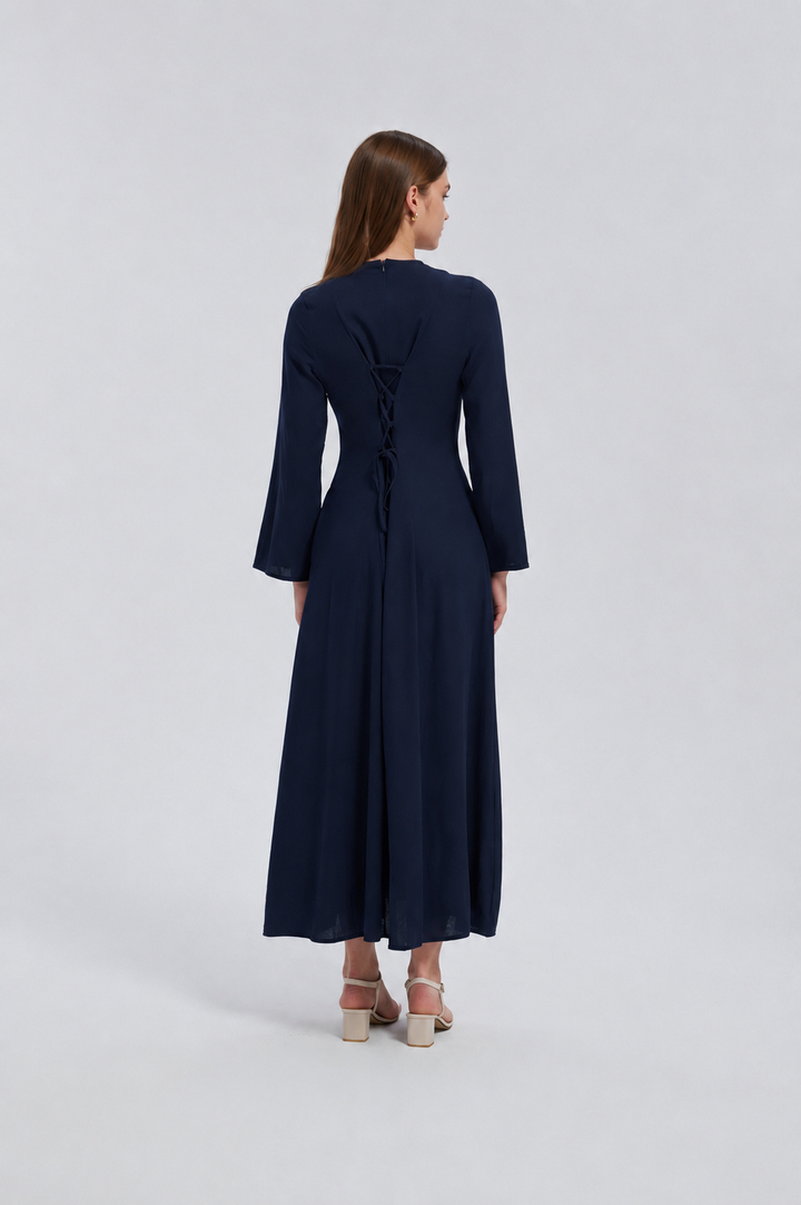 Navy Linen Lace Up Maxi Dress