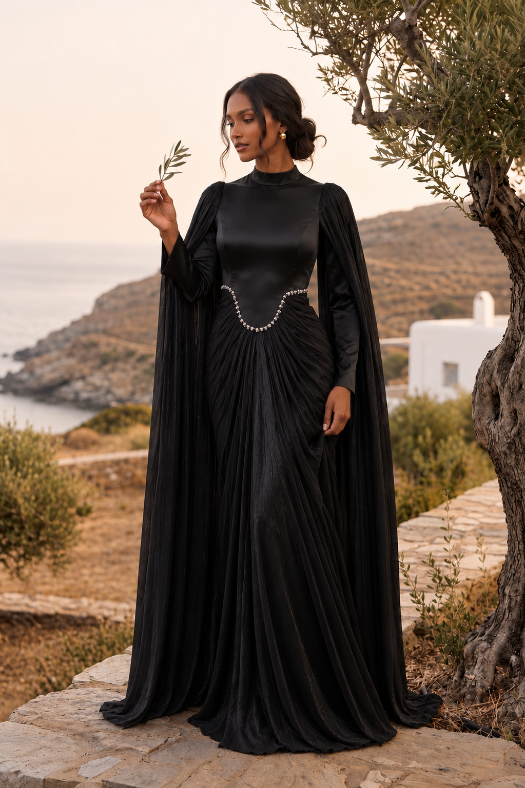 Black Rhinestone Cape Gown
