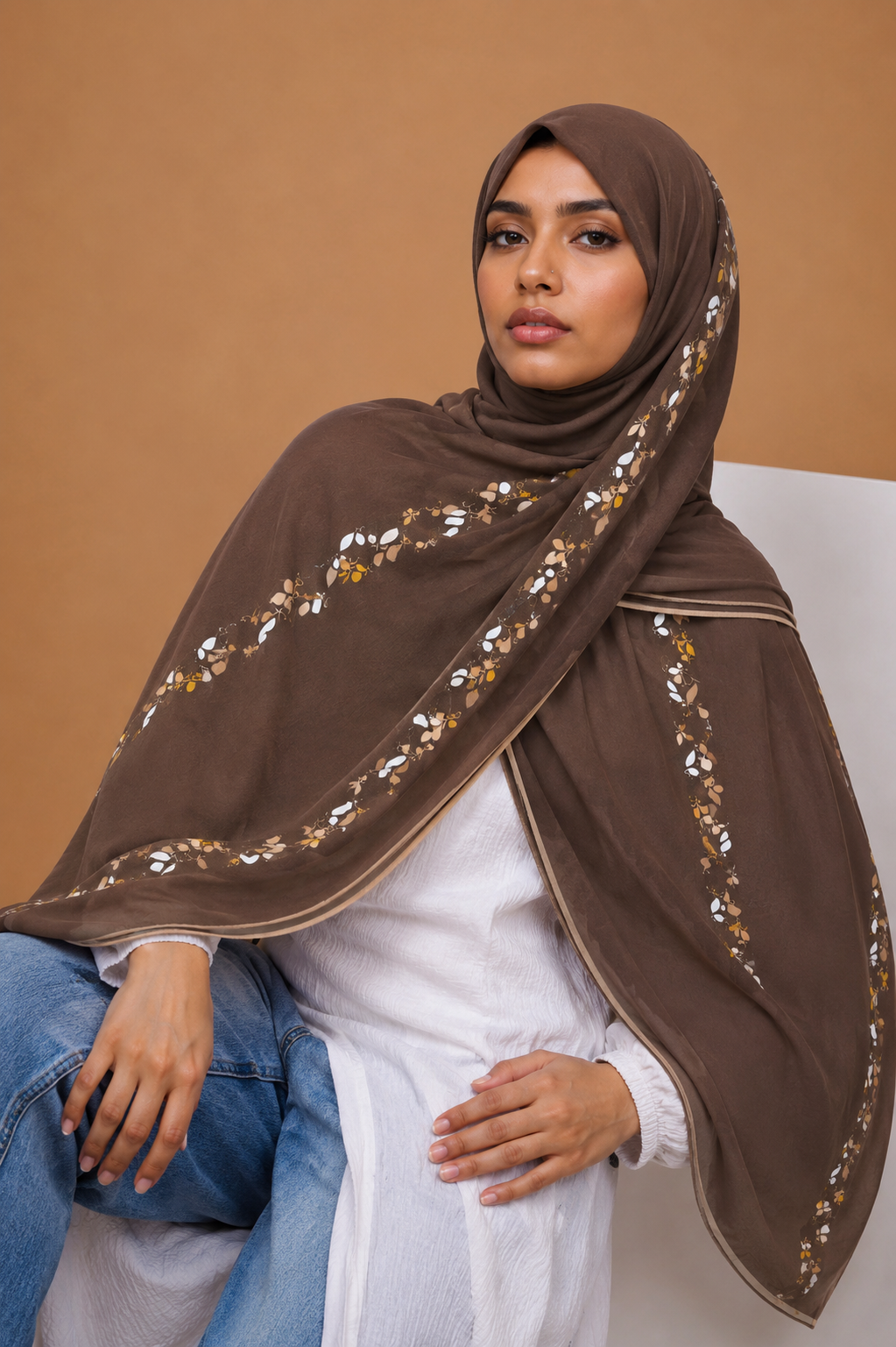 Brown Floral Trim Printed Chiffon Hijab