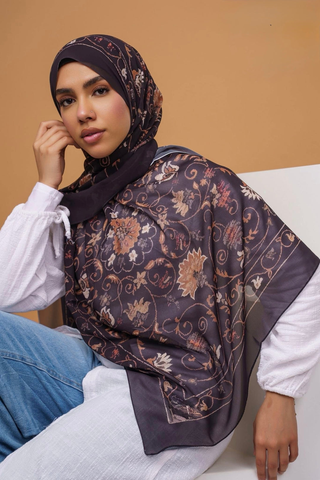 Black Floral Chiffon Hijab