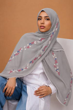 Gray Floral Trim Printed Chiffon Hijab