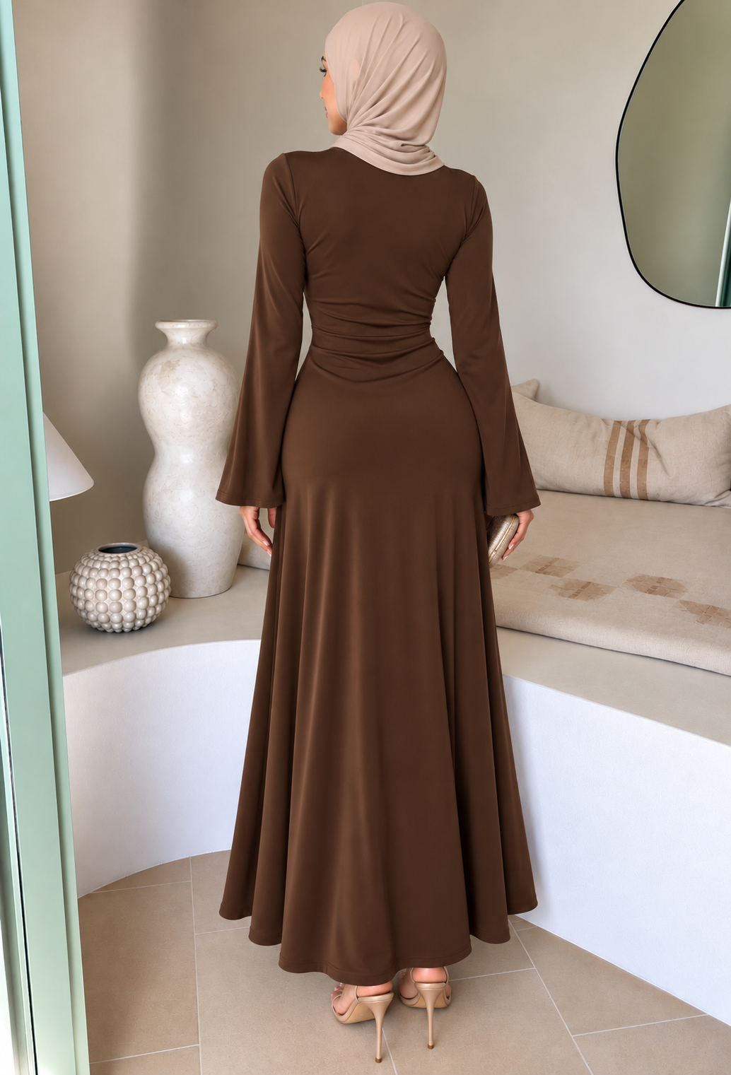 Brown Side Draped Buckle Maxi Dress