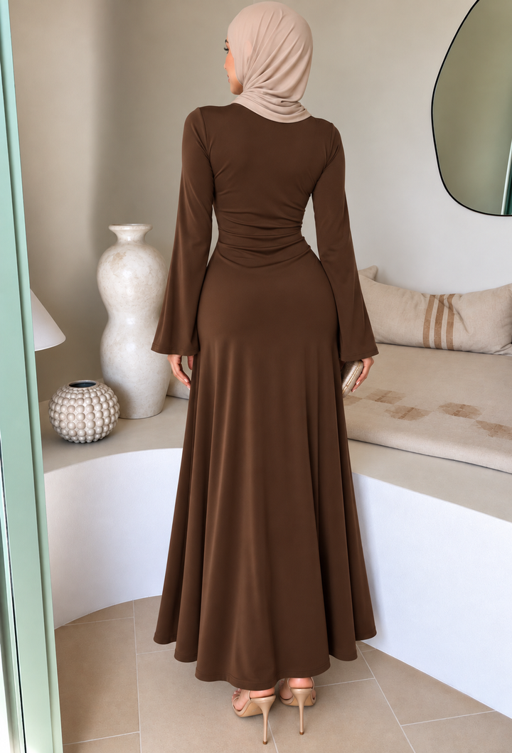 Brown Side Draped Buckle Maxi Dress