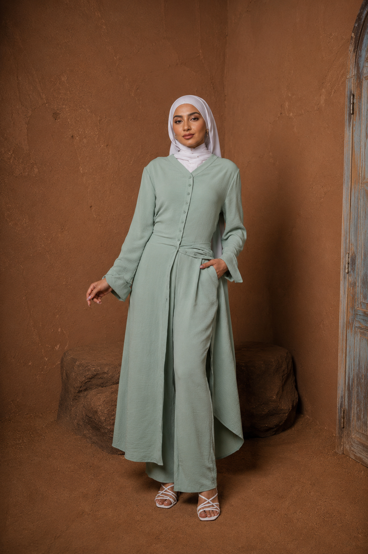 Mint Longline Abaya & Pants Set