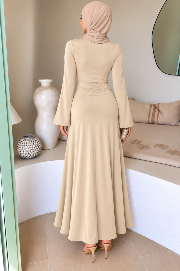 Beige Side Draped Buckle Maxi Dress