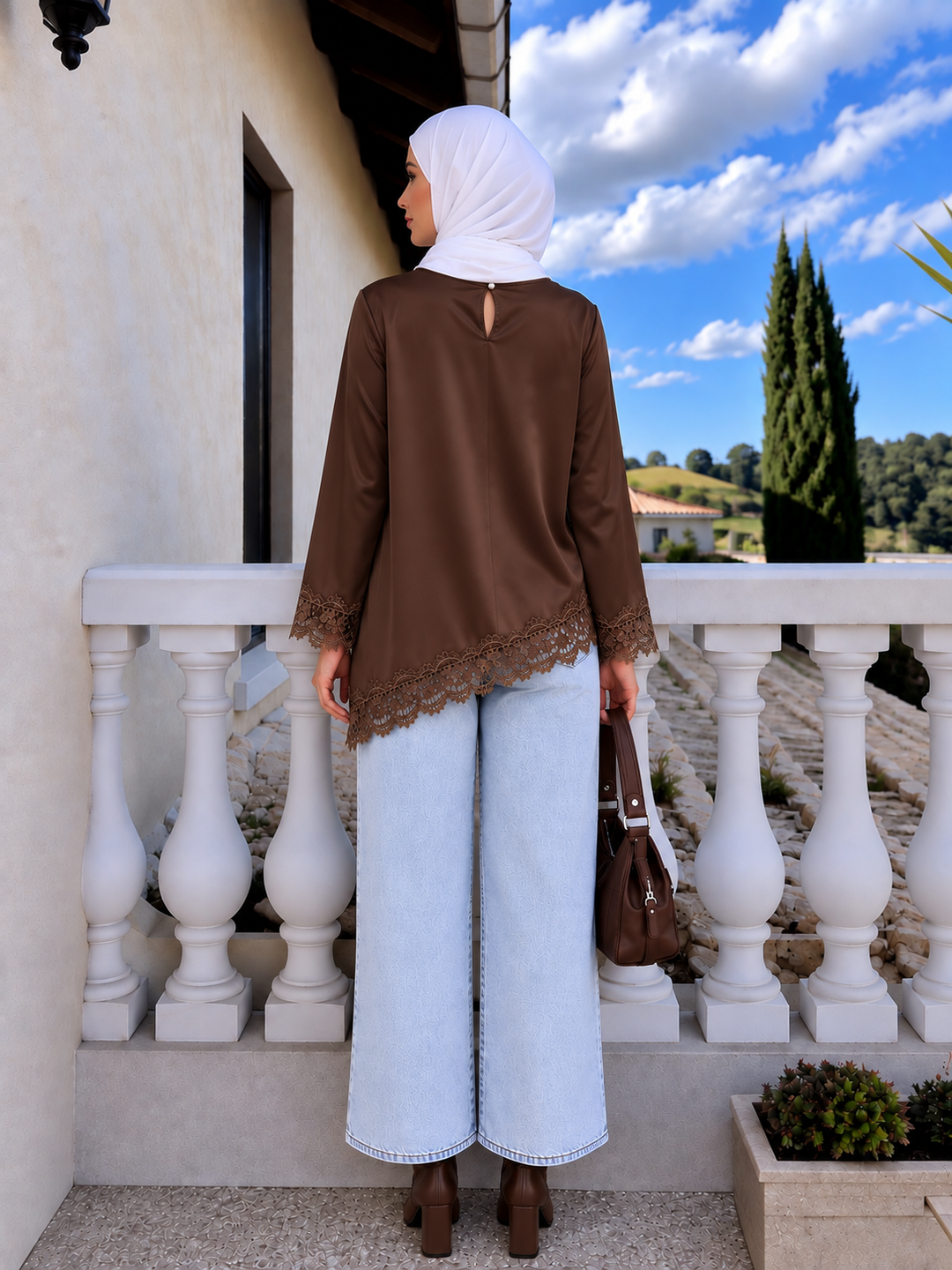 Brown Satin Asymmetrical Shirt Top