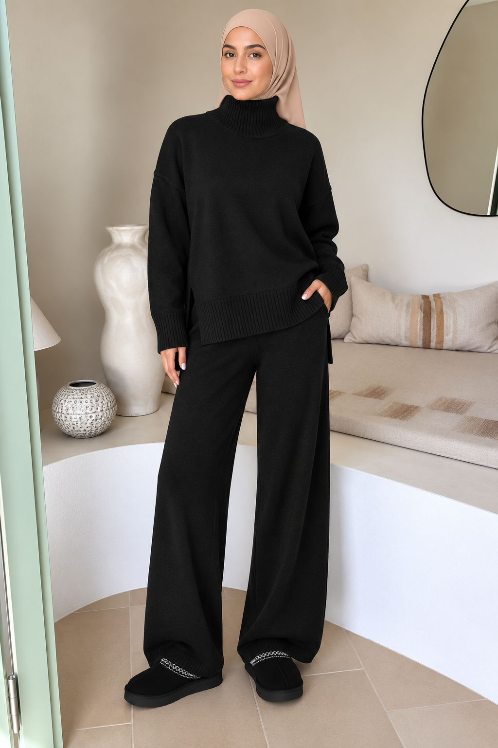 Black Turtleneck Sweater and Pant Set