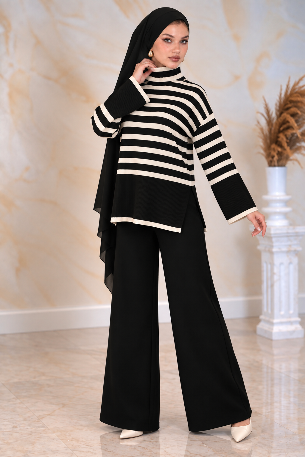 Black Striped Knit and Pant Set