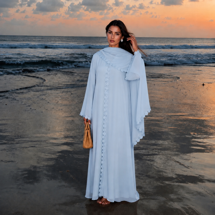 Blue Floral Trim Open Abaya and Hijab Set