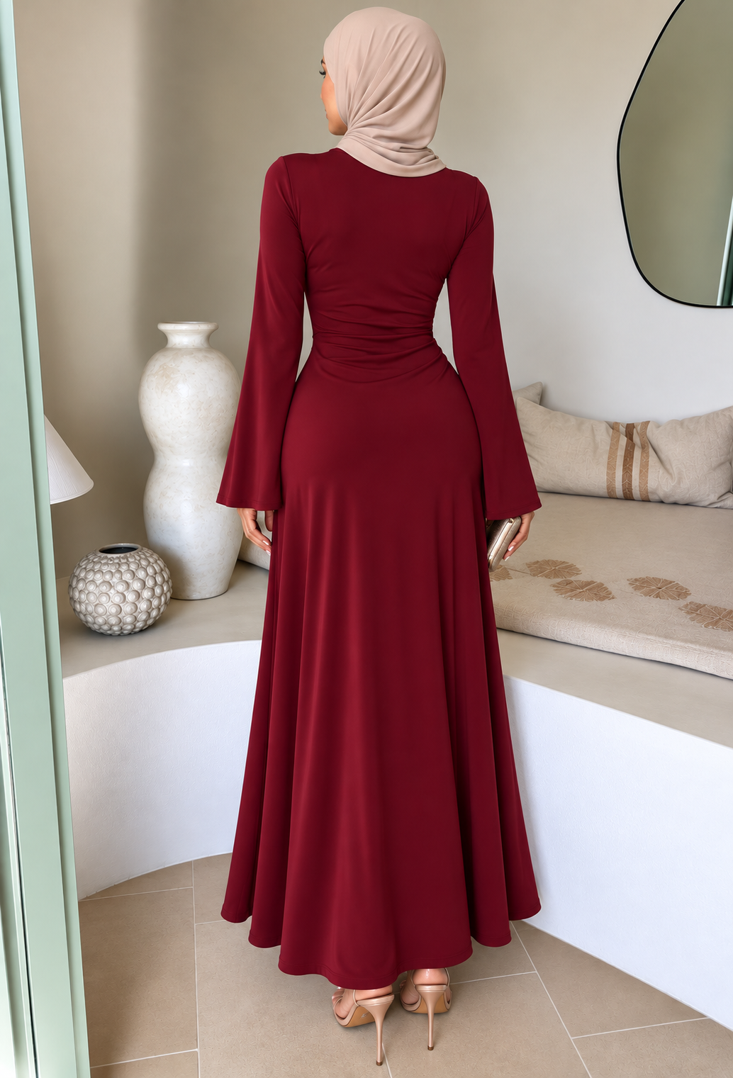 Maroon Side Draped Buckle Maxi Dress