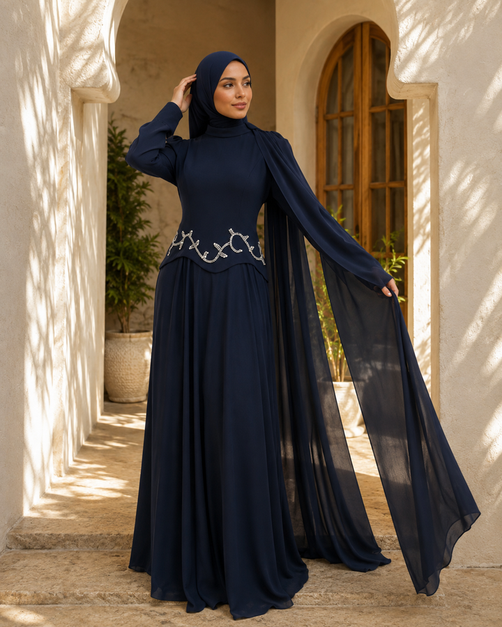 Navy Blue Long Sleeve Maxi Gown