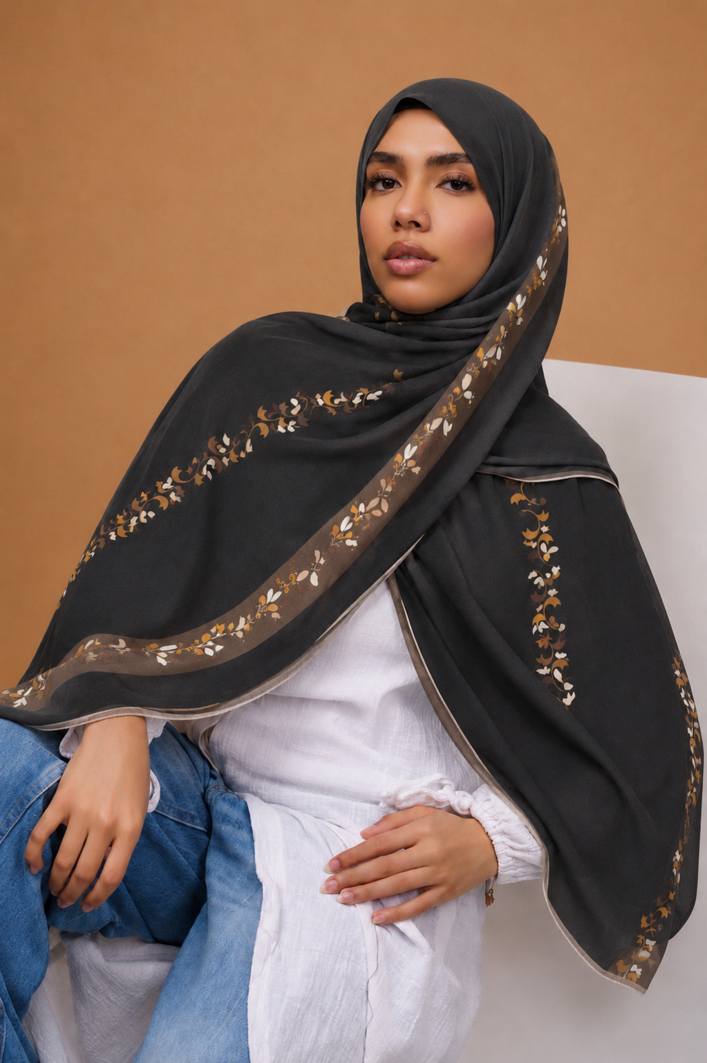 Black Floral Trim Printed Chiffon Hijab