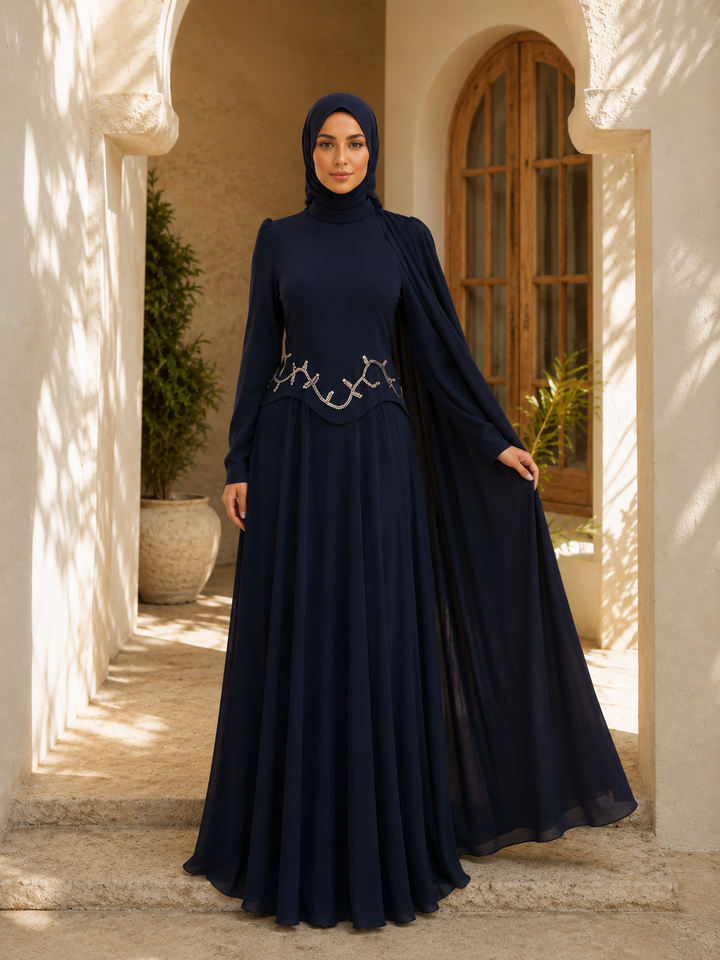 Navy Blue Long Sleeve Maxi Gown