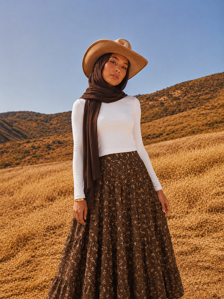 Brown Daisy Tiered Maxi Skirt