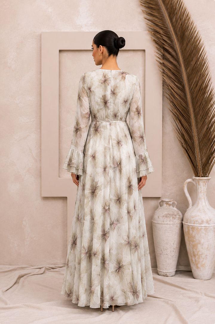 Beige Floral Chiffon Maxi Dress