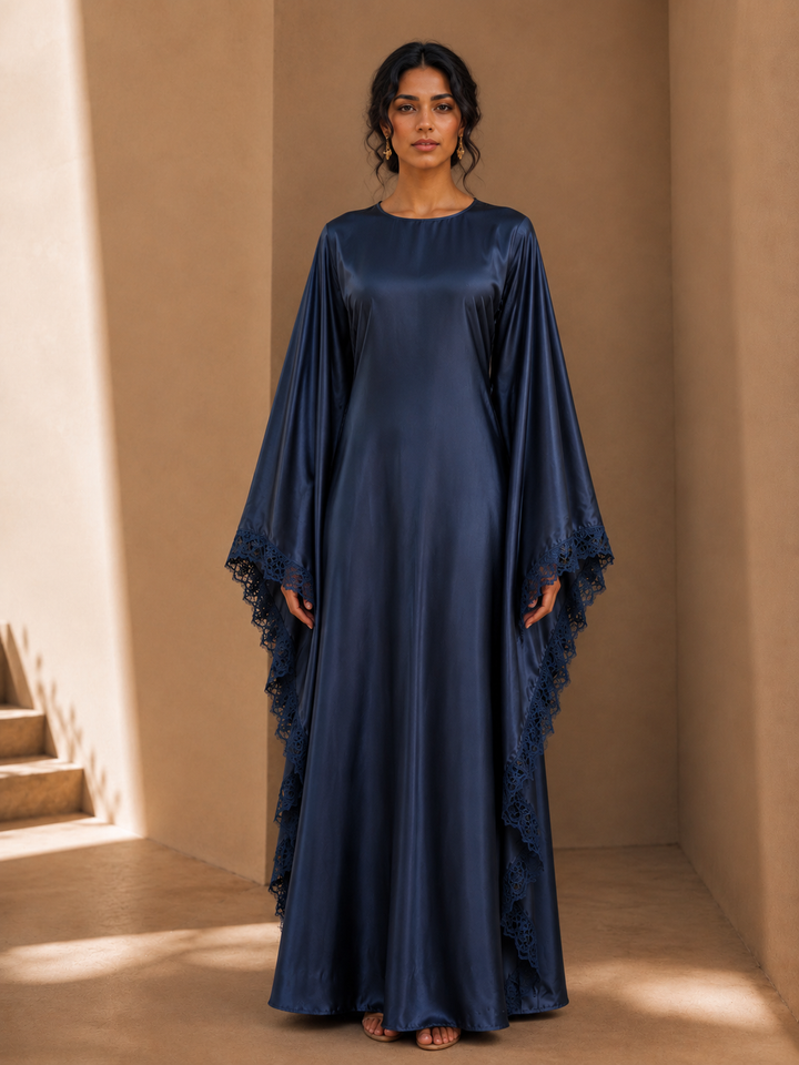 Blue Satin Lace Butterfly Kaftan