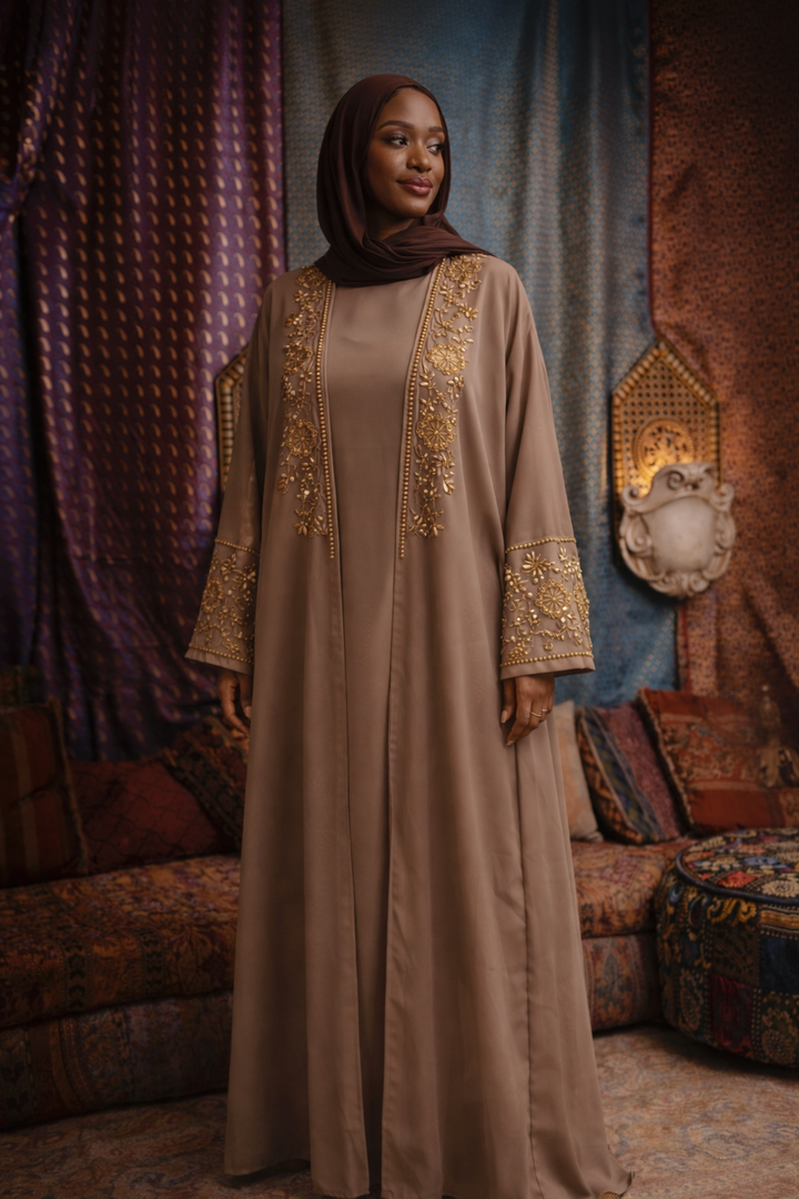 Beige and Gold Sequin Abaya Set