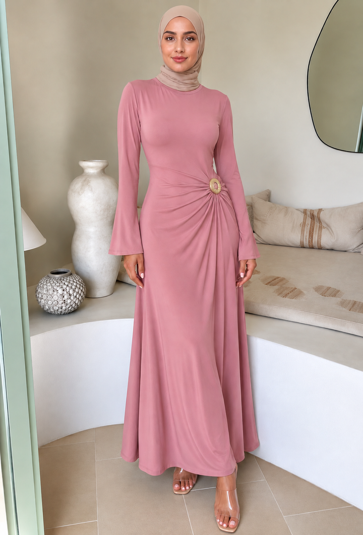 Pink Side Draped Buckle Maxi Dress