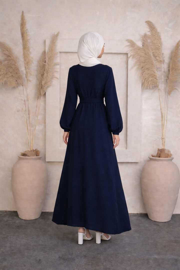 Navy Blue Belted Sheath Abaya Maxi Dress