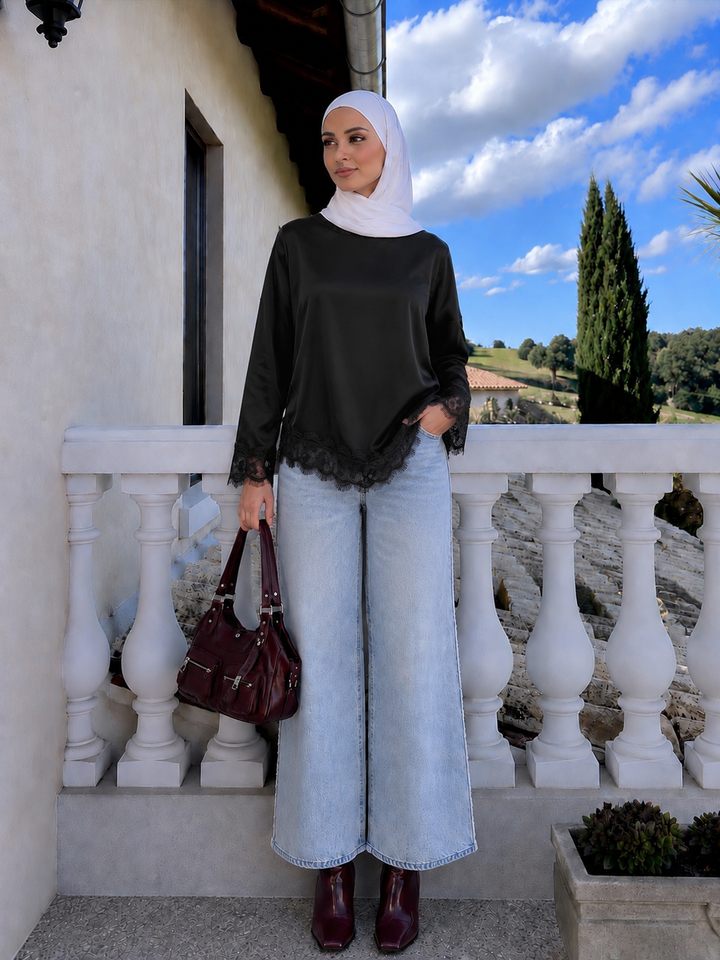 Black Satin Asymmetrical Shirt Top