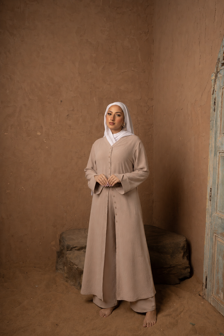 Beige Longline Abaya & Pants Set