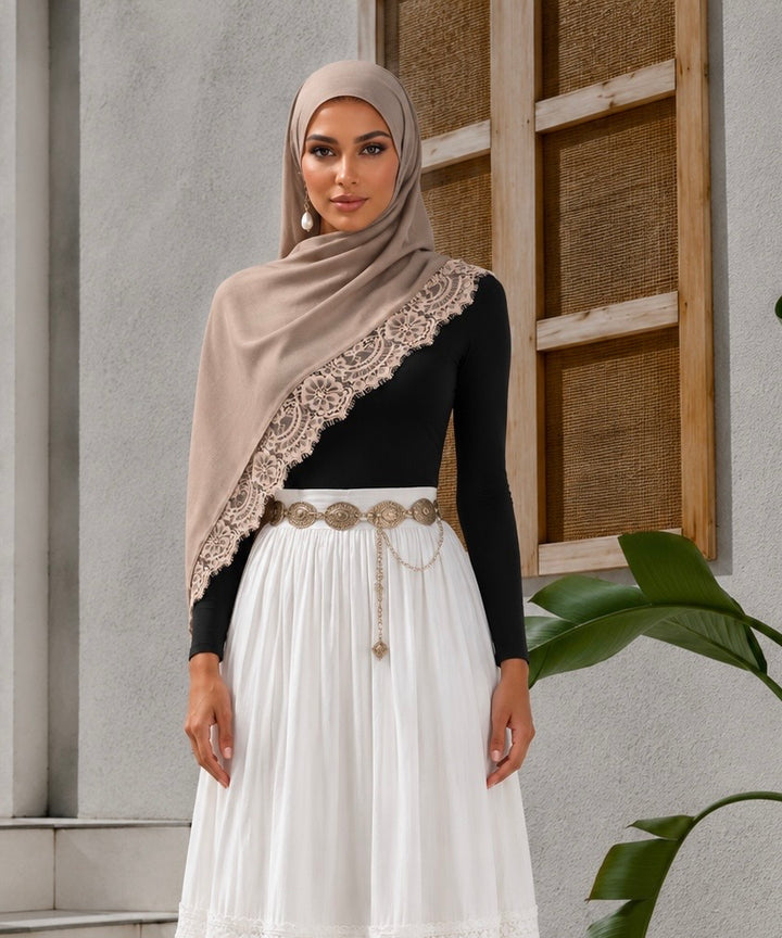 Beige Lace Trim Modal Hijab