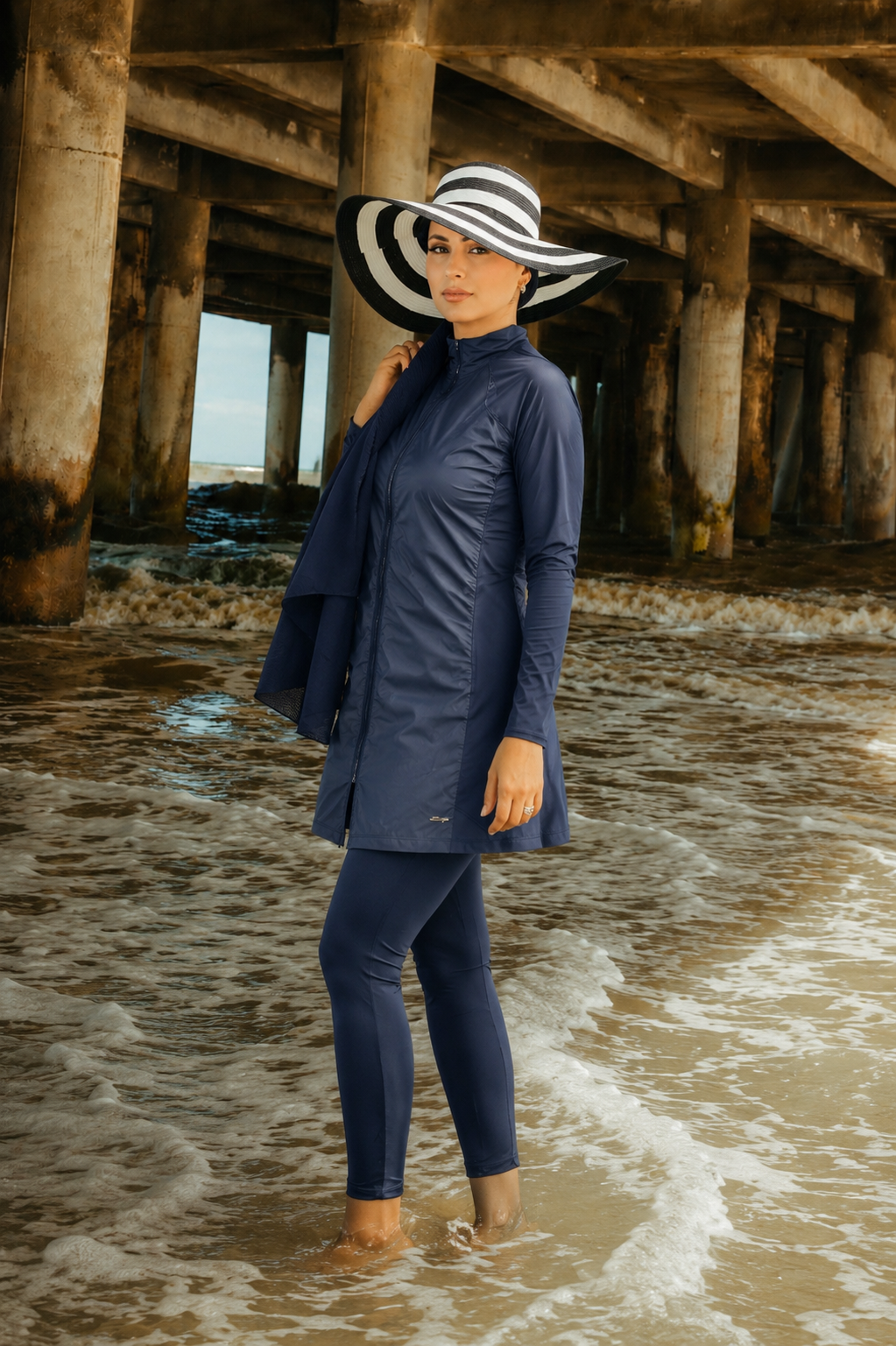 Navy Zipper Modest Swimsuit