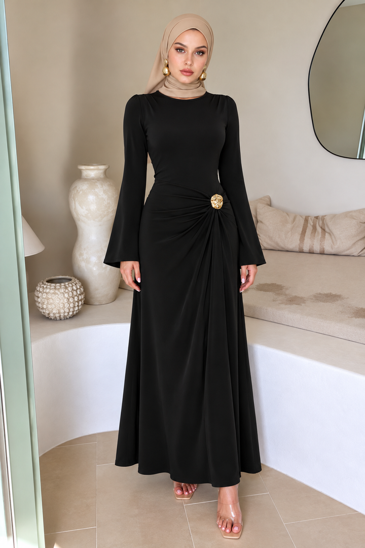 Black Side Draped Buckle Maxi Dress