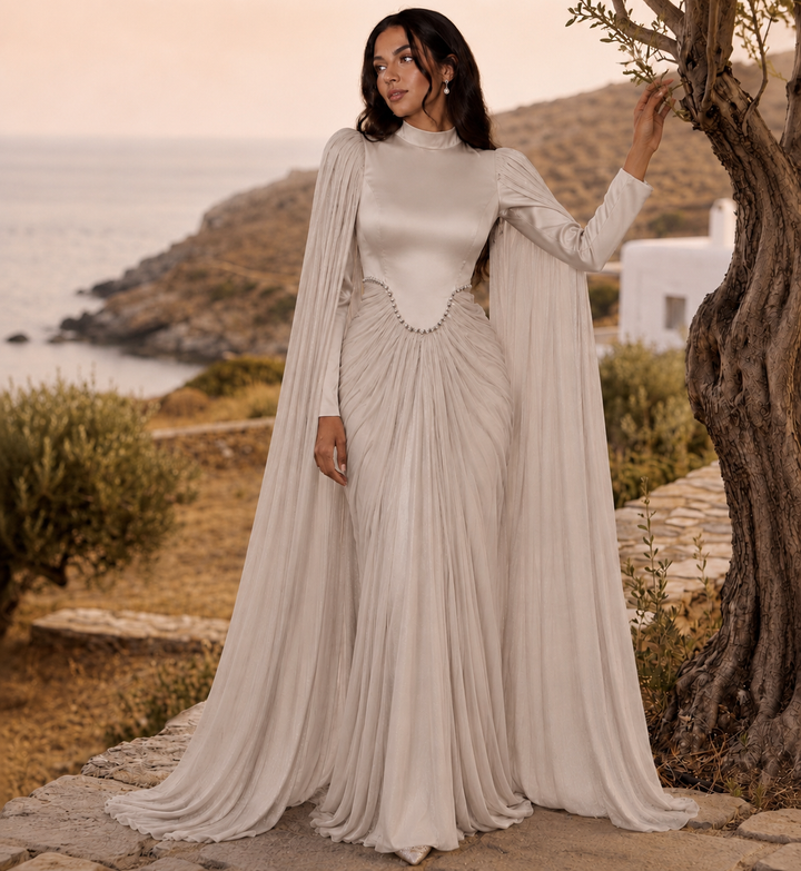 Beige Rhinestone Cape Gown