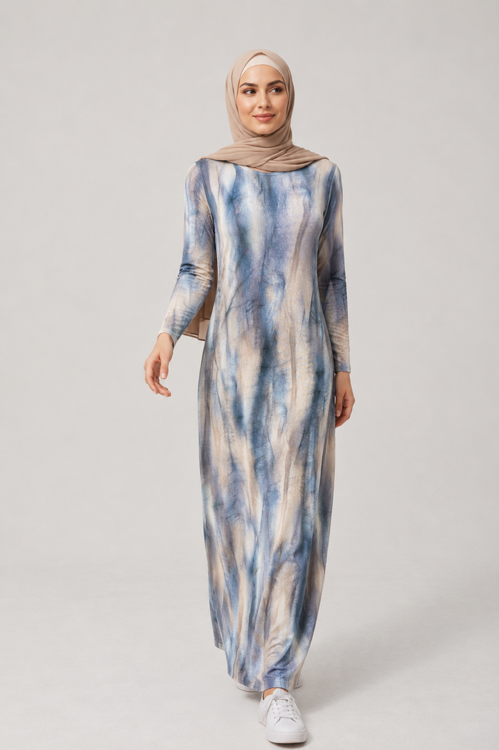 Woman wearing Blue Jersey Modest Maxi Dress by Urban Modesty