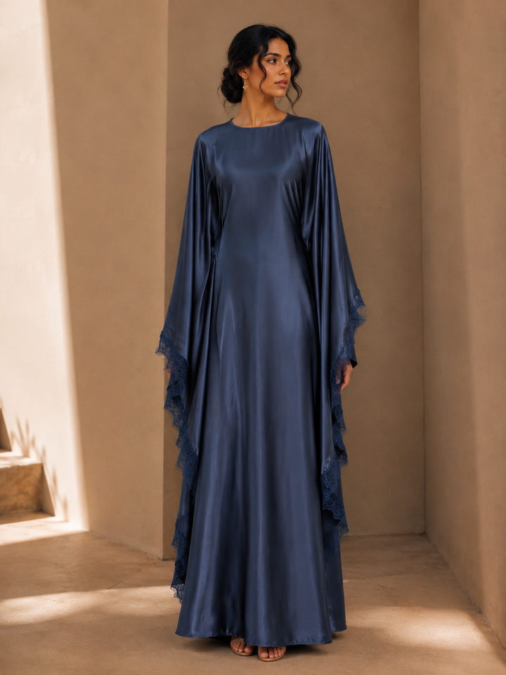 Blue Satin Lace Butterfly Kaftan