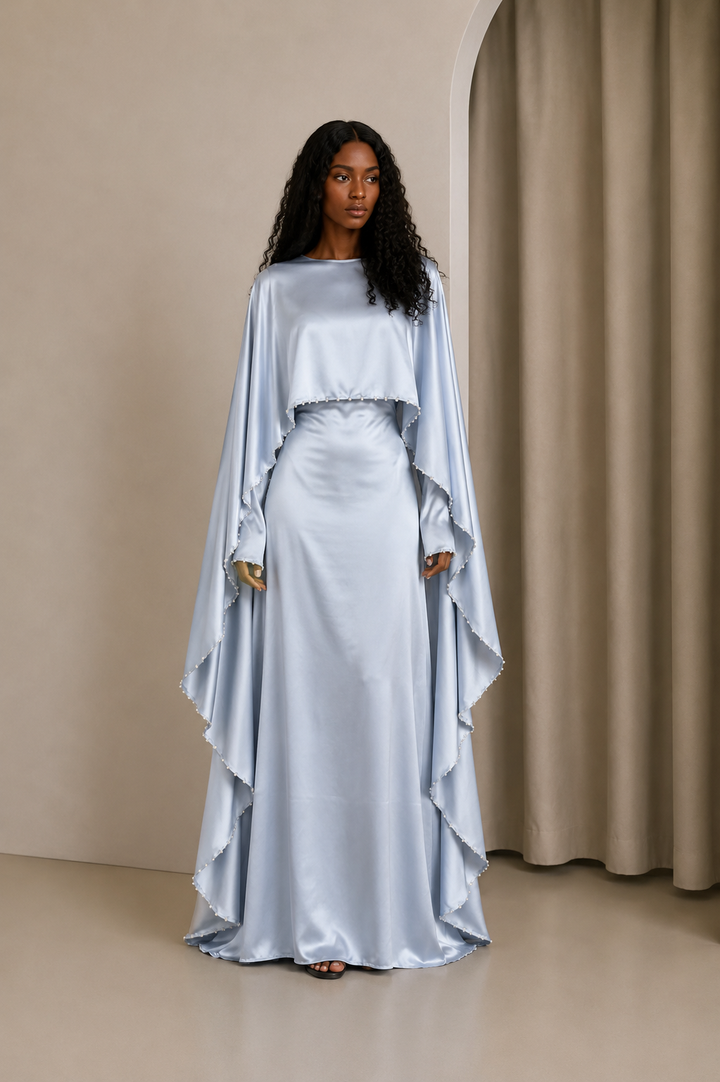 Icy Blue Pearl Cape Long Sleeve Gown