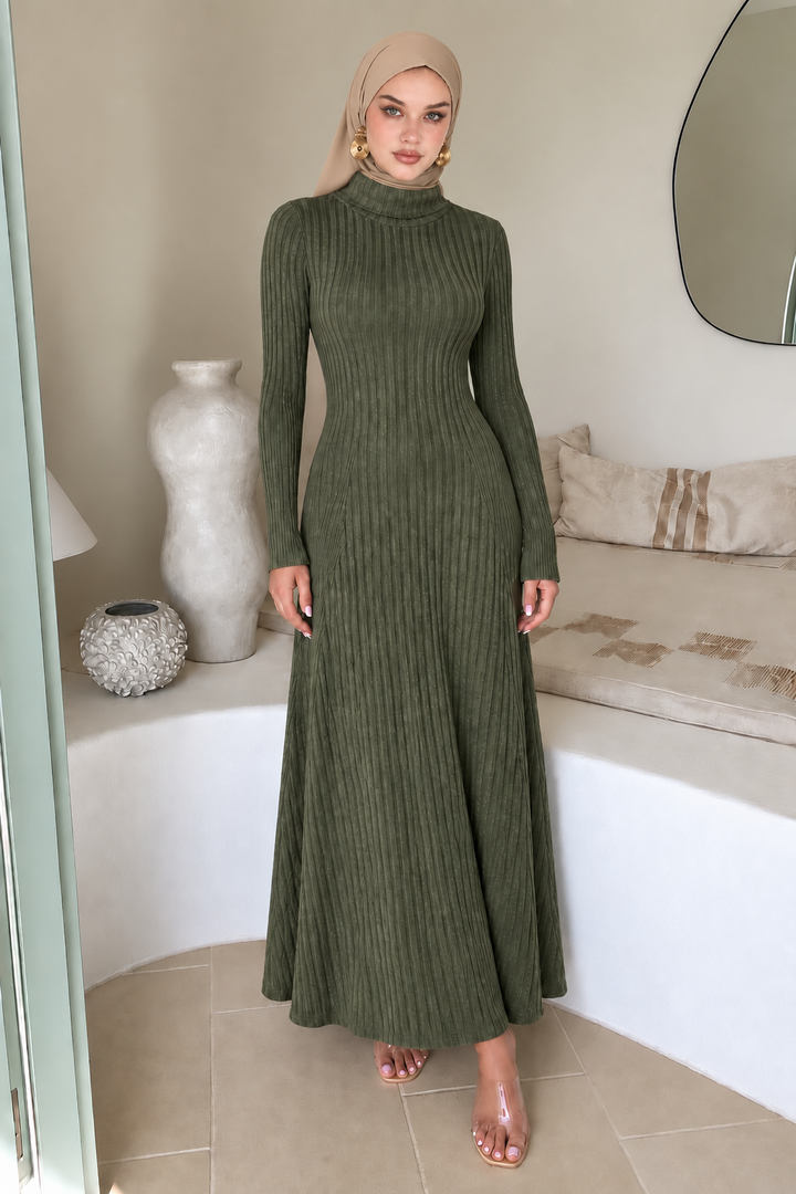 Olive TurtleNeck Sweater Maxi Dress