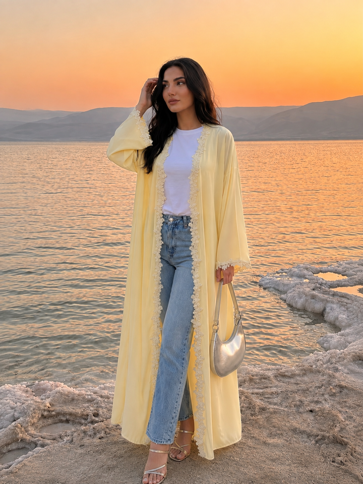 Butter Yellow Floral Trim Abaya and Hijab Set