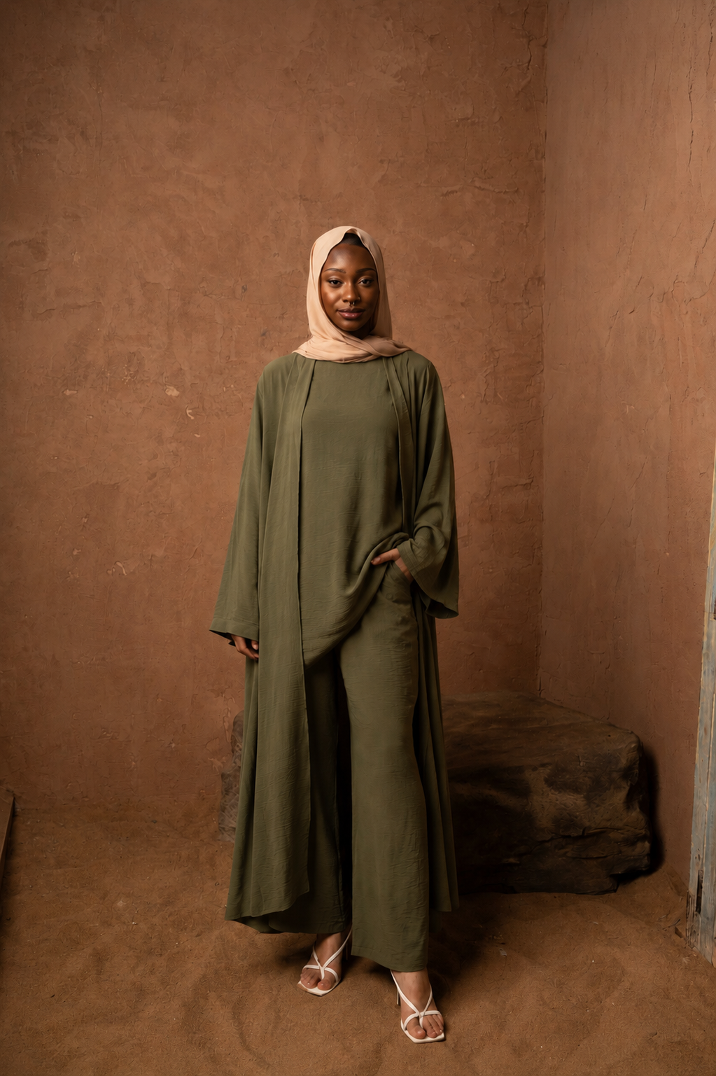 Olive Three Piece Pants Abaya Set