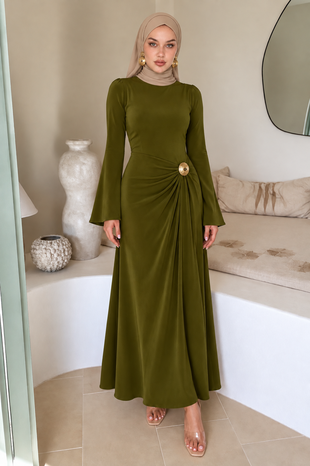 Green Side Draped Buckle Maxi Dress