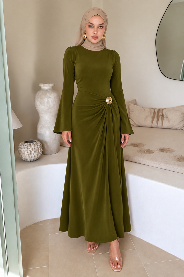 Green Side Draped Buckle Maxi Dress