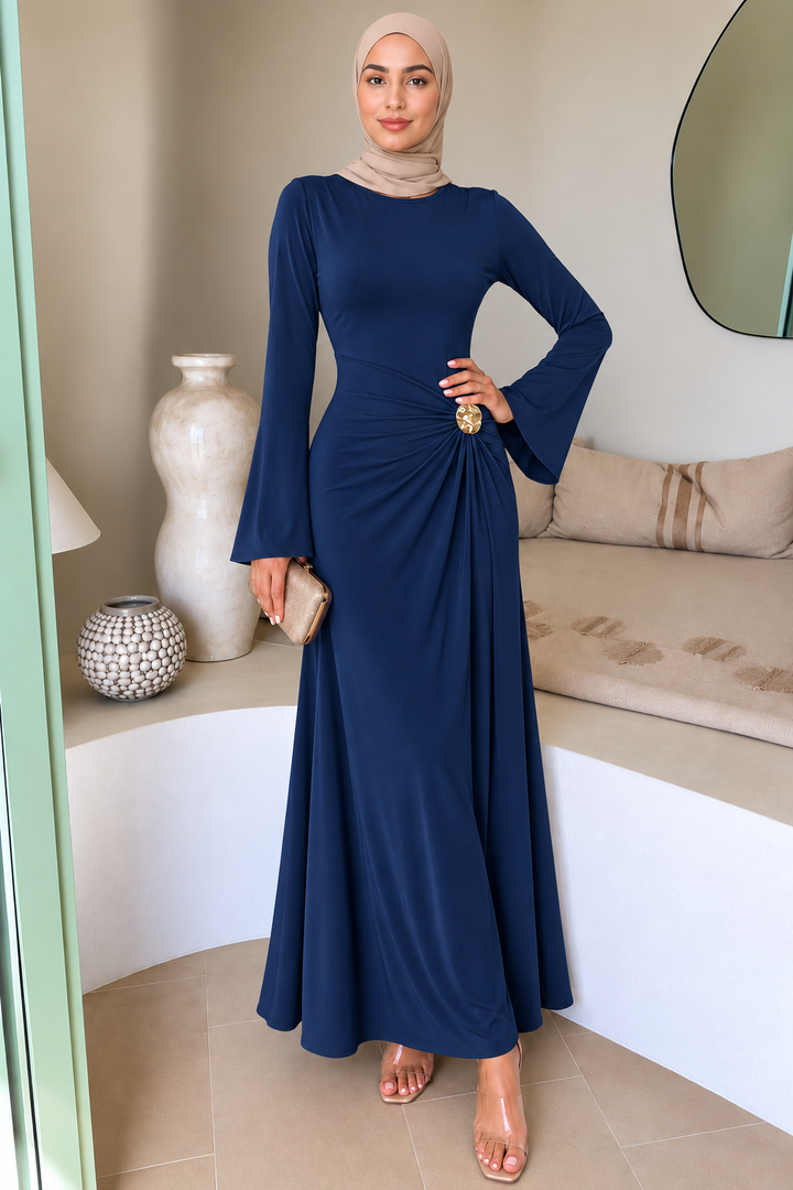 Navy Side Draped Buckle Maxi Dress