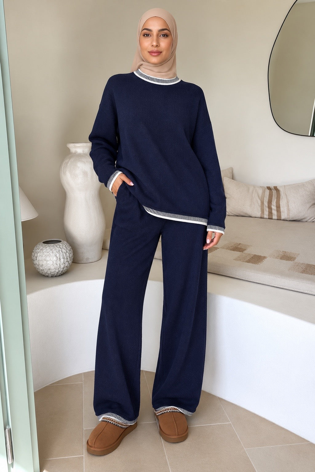 Navy and White trim Sweater and Pant Set